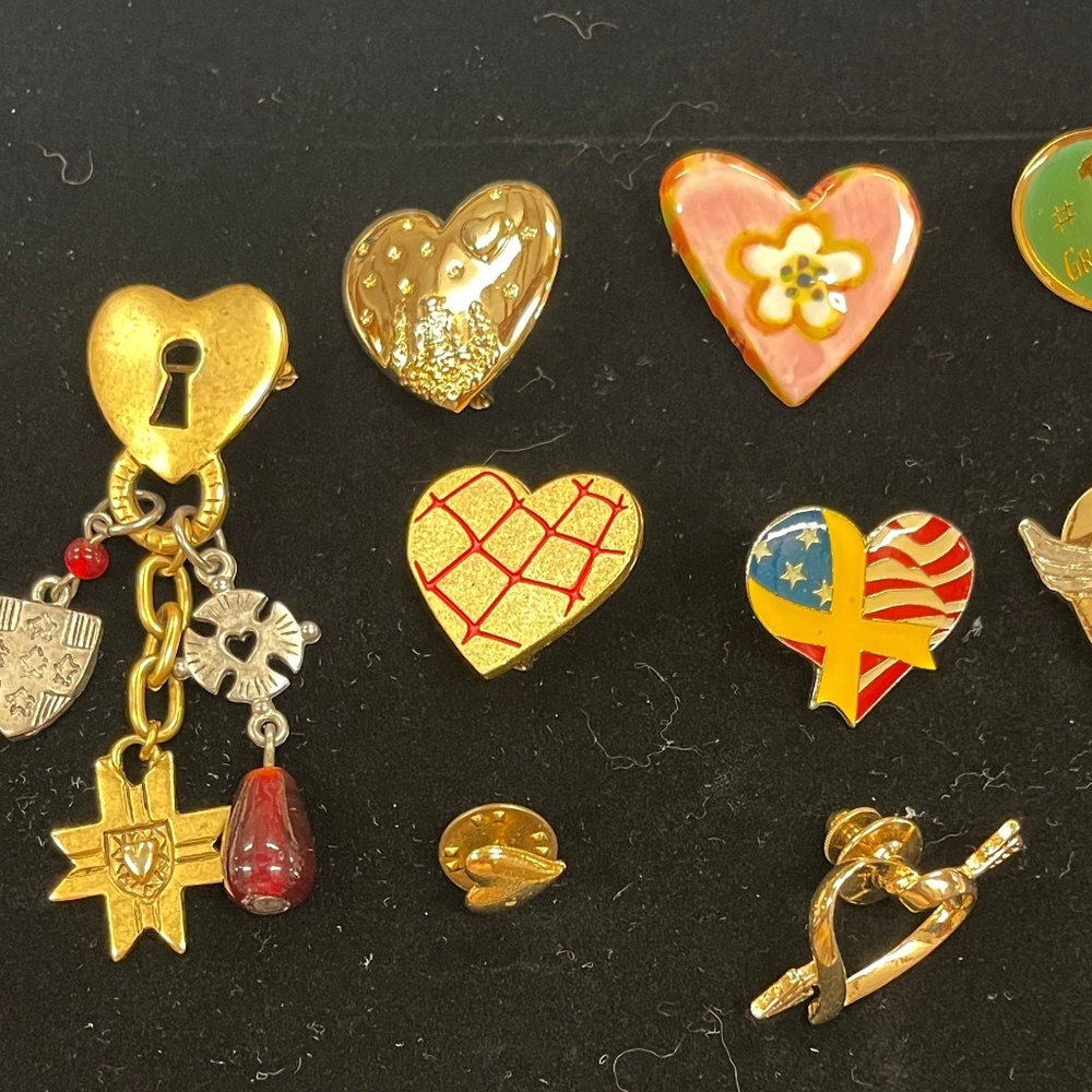 9 Heart Shaped Vintage Pins and Brooches